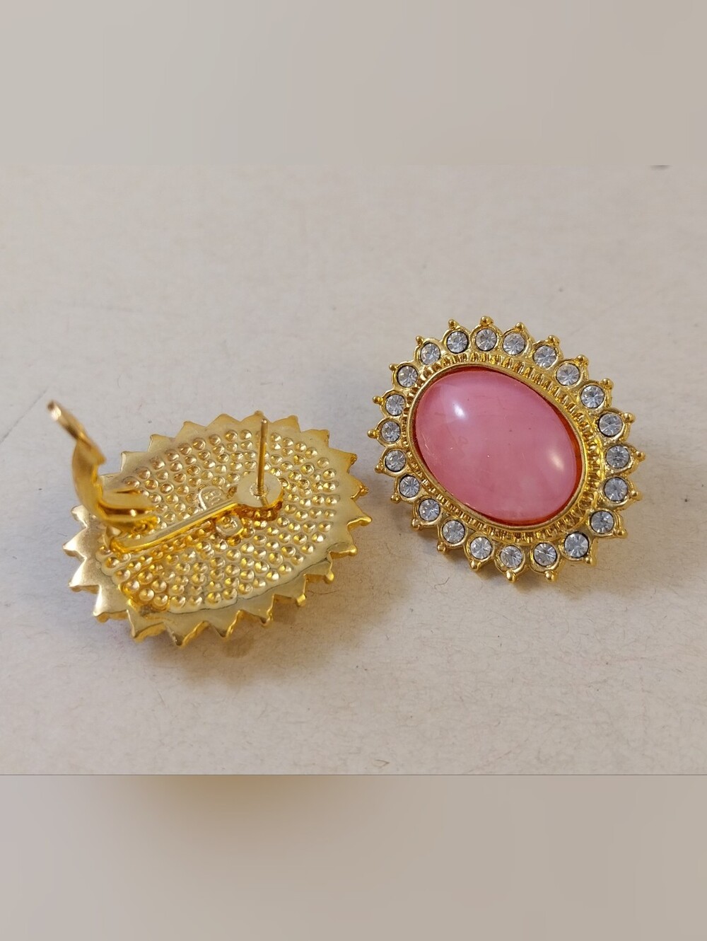Vintage Gold-Tone Pink Oval Stone Clip-On Stud  Earrings with Crystal Halo